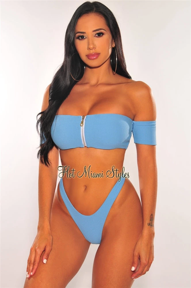 Vendor-unknown Just In Iced Blue Textured Zipper Off Shoulder Bikini