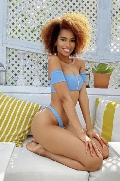 Vendor-unknown Just In Iced Blue Textured Zipper Off Shoulder Bikini