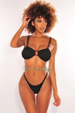 Vendor-unknown Black Acrylic Chain O-Ring Textured Scrunch Butt Bikini