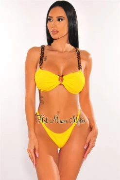 Vendor-unknown Yellow Acrylic Chain O-Ring Textured Scrunch Butt Bikini Just In