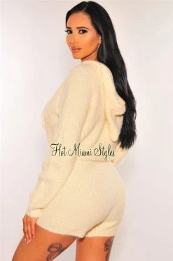 Sole Mio (set) HMS Lounge: Cream Fuzzy Knit Sweater Hoodie Short Two Piece Set Just In