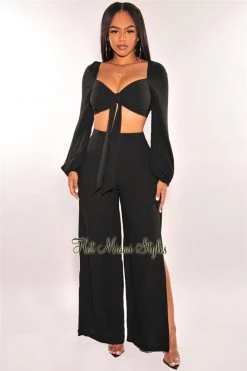 Vendor-unknown Black Tie Up Long Sleeve Slit Palazzo Pant Two Piece Set Just In