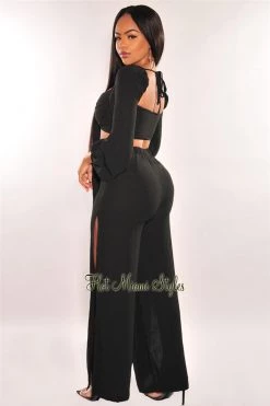 Vendor-unknown Black Tie Up Long Sleeve Slit Palazzo Pant Two Piece Set Just In