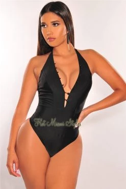 Vendor-unknown Black Halter Button Up Bodysuit
