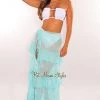 Vendor-unknown Aqua White Palm Print Tie Up Ruffle Maxi Skirt Cover Up