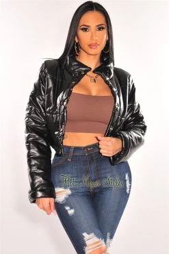 Vendor-unknown Black Faux Leather Button Up Cropped Bomber Jacket Just In
