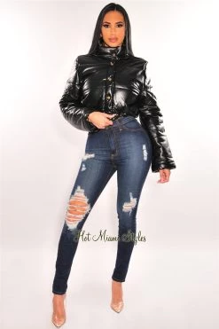 Vendor-unknown Black Faux Leather Button Up Cropped Bomber Jacket Just In