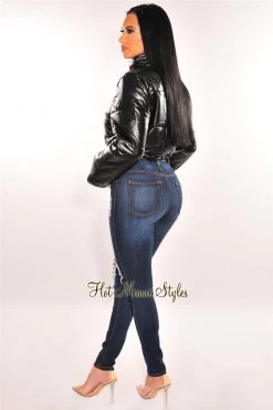 Vendor-unknown Black Faux Leather Button Up Cropped Bomber Jacket Just In