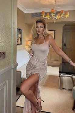 Vendor-unknown Sand Gold Chain Halter Ruched Slit Maxi Dress Just In