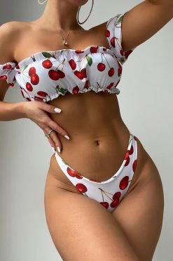 Vendor-unknown White Red Cherry Off Shoulder Ruffle Trim Bikini Just In