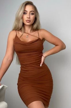 Vendor-unknown Just In Caramel Mesh Elastic Straps Ruched Dress