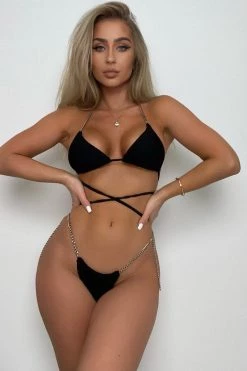 Vendor-unknown Black Fishnet Overlay Padded Halter Silver Chain Thong Bikini