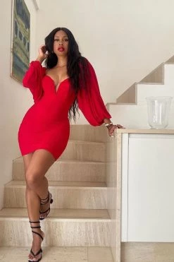 Elan International Red Mesh V Wire Long Sleeve Ruched Dress Just In