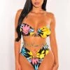 Vendor-unknown Just In Black Floral Print Padded Bandeau Gold Ring High Cut Bikini