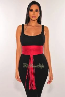 Vendor-unknown Red Wine Faux Suede Fringe Obi Belt Just In