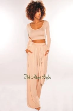 GOODTIME USA Nude Round Neck Long Sleeve Palazzo Pant Two Piece Set Just In