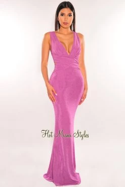 Vendor-unknown Lavender Shimmery V Neck Cut Out CrissCross Back Maxi Dress