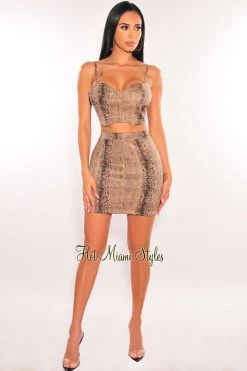 Sole Mio (set) Nude Snake Print Suede Padded Spaghetti Straps Skirt Two Piece Set