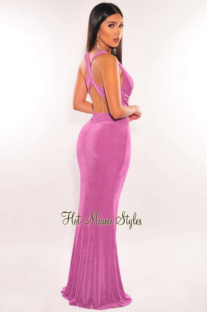 Vendor-unknown Lavender Shimmery V Neck Cut Out CrissCross Back Maxi Dress