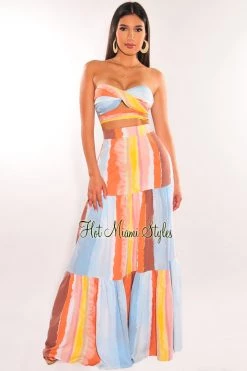 Vendor-unknown Multicolor Padded Strapless Bandeau Maxi Skirt Two Piece Set Just In