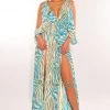 Vendor-unknown Blue Animal Print V Neck Open Shoulder Double Slit Maxi Dress