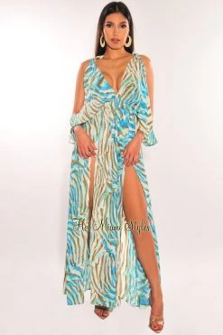 Vendor-unknown Blue Animal Print V Neck Open Shoulder Double Slit Maxi Dress