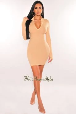 Vendor-unknown Just In Nude Ribbed Mock Neck Zipper Long Sleeve Dress