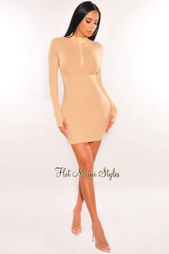 Vendor-unknown Just In Nude Ribbed Mock Neck Zipper Long Sleeve Dress