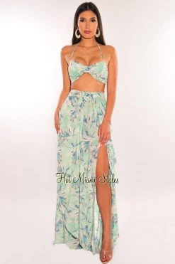 Vendor-unknown Just In Mint Floral Print Halter Slit Layered Maxi Skirt Two Piece Set
