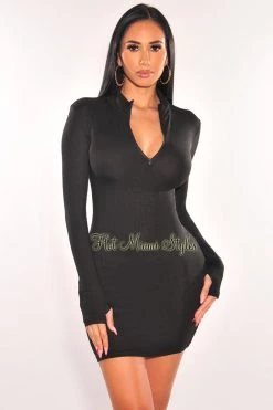 Vendor-unknown Black Ribbed Mock Neck Zipper Long Sleeve Dress Just In