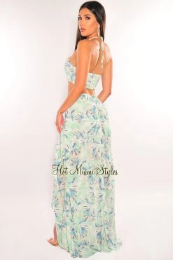 Vendor-unknown Just In Mint Floral Print Halter Slit Layered Maxi Skirt Two Piece Set