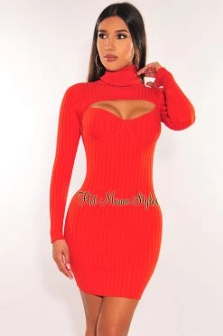 Elan International Just In Burnt Orange Ribbed Knit Turtle Neck Long Sleeve Cut Out Dress