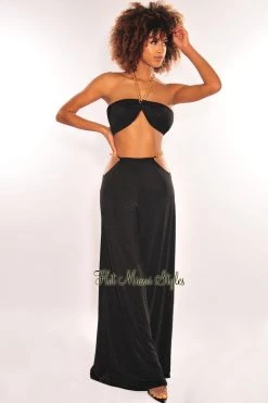 GOODTIME USA Black Gold Chain Halter Cut Out High Waist Palazzo Two Piece Set Just In