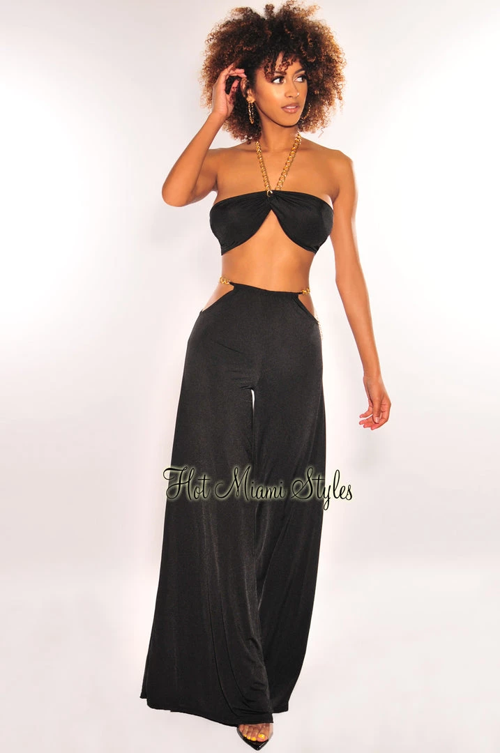GOODTIME USA Black Gold Chain Halter Cut Out High Waist Palazzo Two Piece Set Just In