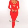 Vendor-unknown Burnt Orange Ribbed Knit Plunge Neck Long Sleeve Midi Dress + Bralette