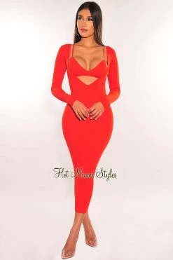 Vendor-unknown Burnt Orange Ribbed Knit Plunge Neck Long Sleeve Midi Dress + Bralette