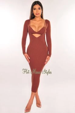 Vendor-unknown Chocolate Ribbed Knit Plunge Neck Long Sleeve Midi Dress + Bralette Just In
