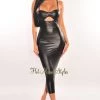 Vendor-unknown Black Faux Leather Spaghetti Straps Knotted Cut Out Midi Dress