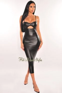 Vendor-unknown Black Faux Leather Spaghetti Straps Knotted Cut Out Midi Dress