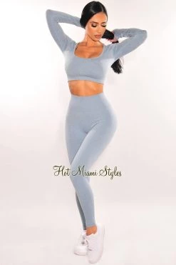 Vendor-unknown HMS Fit: Blue Marl Squared Neck Long Sleeve Leggings Two Piece Set Just In