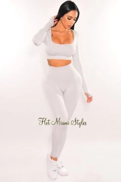 Vendor-unknown HMS Fit: Light Gray Marl Squared Neck Long Sleeve Leggings Two Piece Set Just In