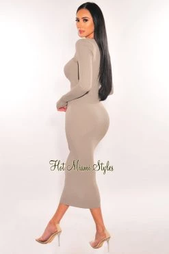 Elan International Light Gray Ribbed Long Sleeve Cut Out Dress Just In