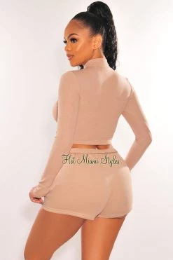 TIC TOC Just In HMS Essential: Taupe Ribbed Mock Neck Long Sleeve Crop Top