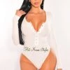 Glamazon White Ribbed Round Neck Long Sleeve Snap Button Up Bodysuit Just In