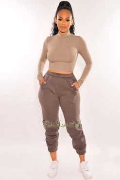 TIC TOC Just In HMS Essential: Dusty Olive Ribbed Mock Neck Long Sleeve Crop Top