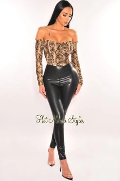 Vendor-unknown Brown Snake Print Padded Off Shoulder Long Sleeve Top