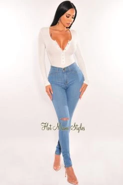 Glamazon White Ribbed Round Neck Long Sleeve Snap Button Up Bodysuit Just In