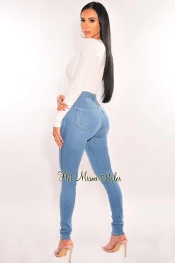 Glamazon White Ribbed Round Neck Long Sleeve Snap Button Up Bodysuit Just In