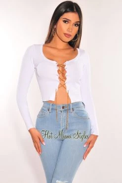 Vendor-unknown White Ribbed Knit Gold Lace Up Long Sleeve Crop Top