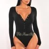 Glamazon Black Ribbed Round Neck Long Sleeve Snap Button Up Bodysuit Just In